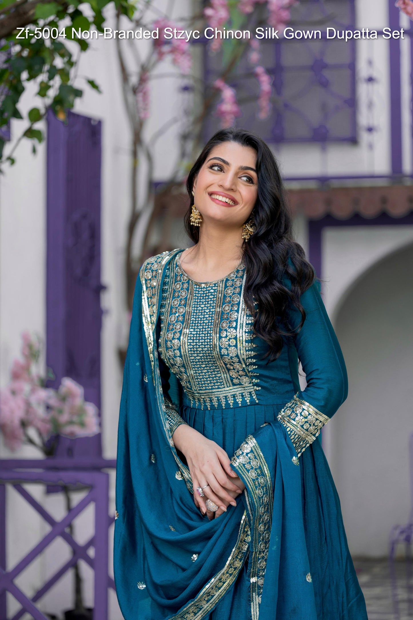 Zf-5004 Non-Branded Stzyc Chinon Silk Gown Dupatta Set