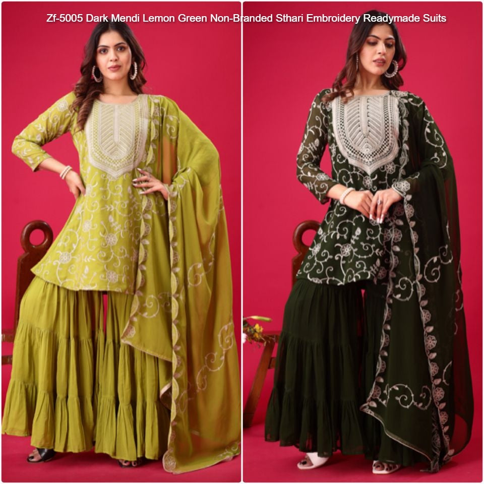 Zf-5005 Dark Mendi Lemon Green Non-Branded Sthari Embroidery Readymade Suits