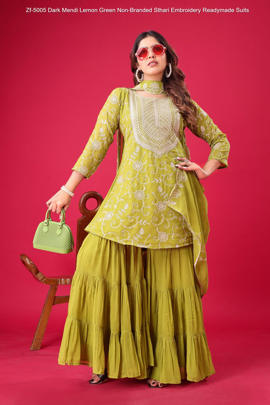 Zf-5005 Dark Mendi Lemon Green Non-Branded Sthari Embroidery Readymade Suits