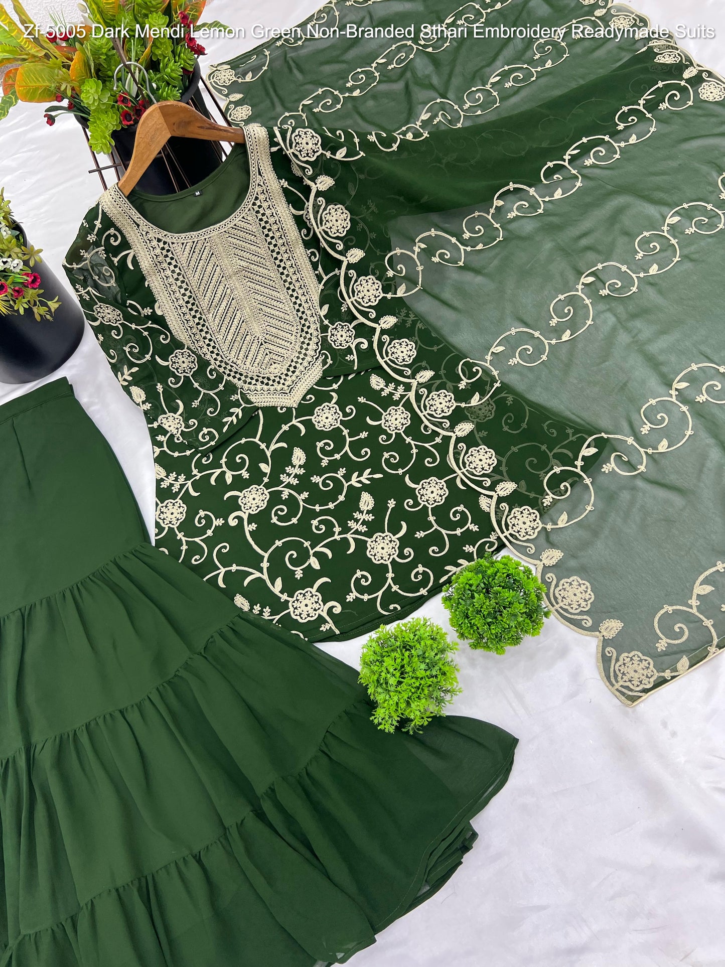 Zf-5005 Dark Mendi Lemon Green Non-Branded Sthari Embroidery Readymade Suits