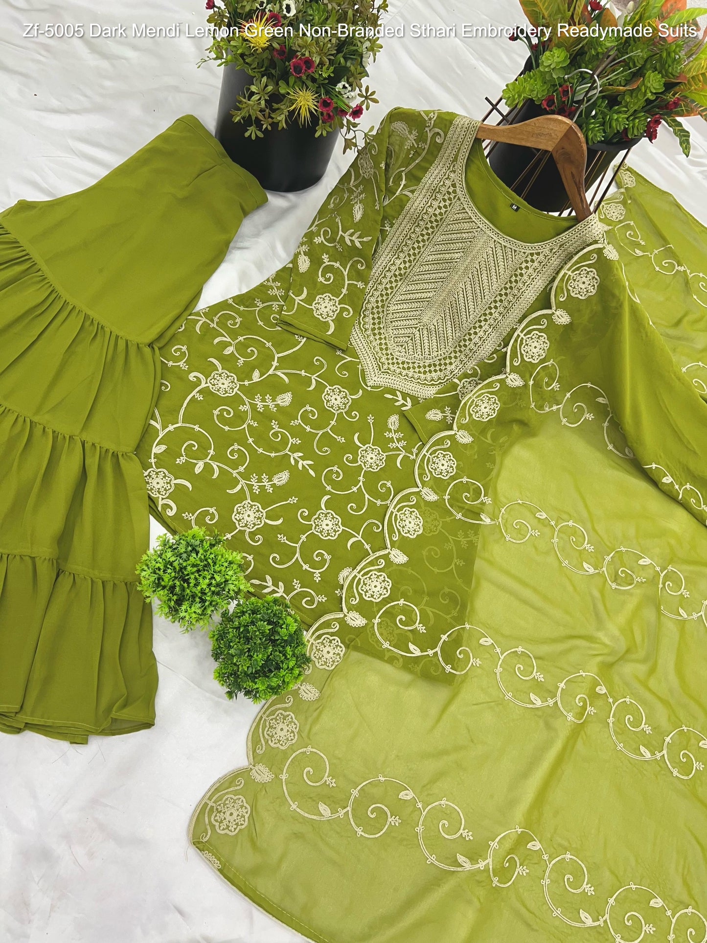 Zf-5005 Dark Mendi Lemon Green Non-Branded Sthari Embroidery Readymade Suits