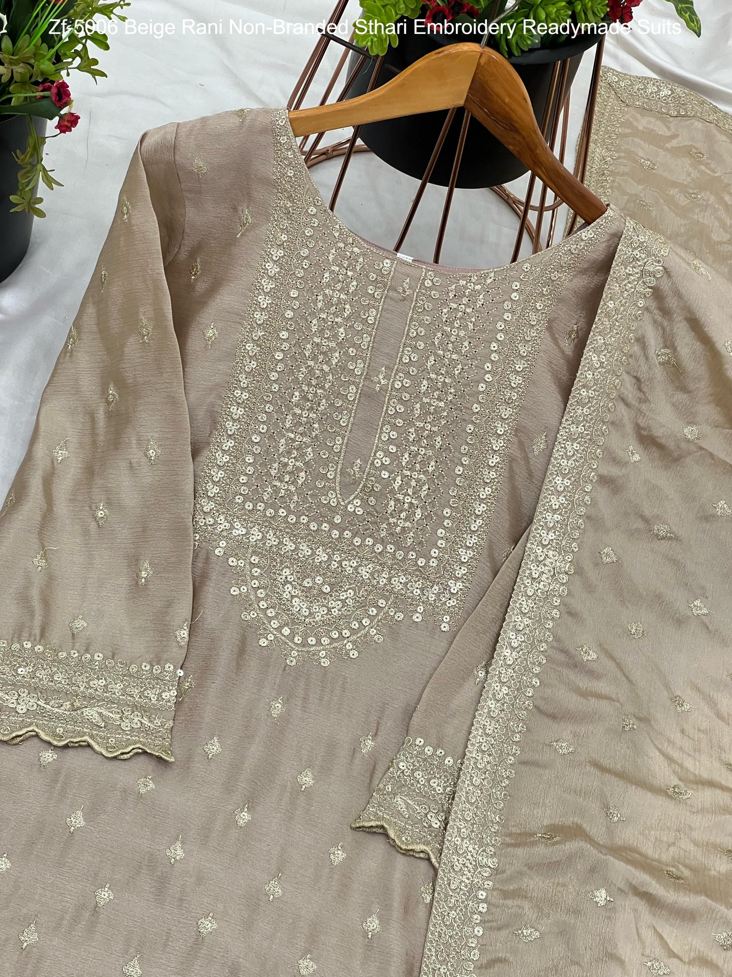 Zf-5006 Beige Rani Non-Branded Sthari Embroidery Readymade Suits
