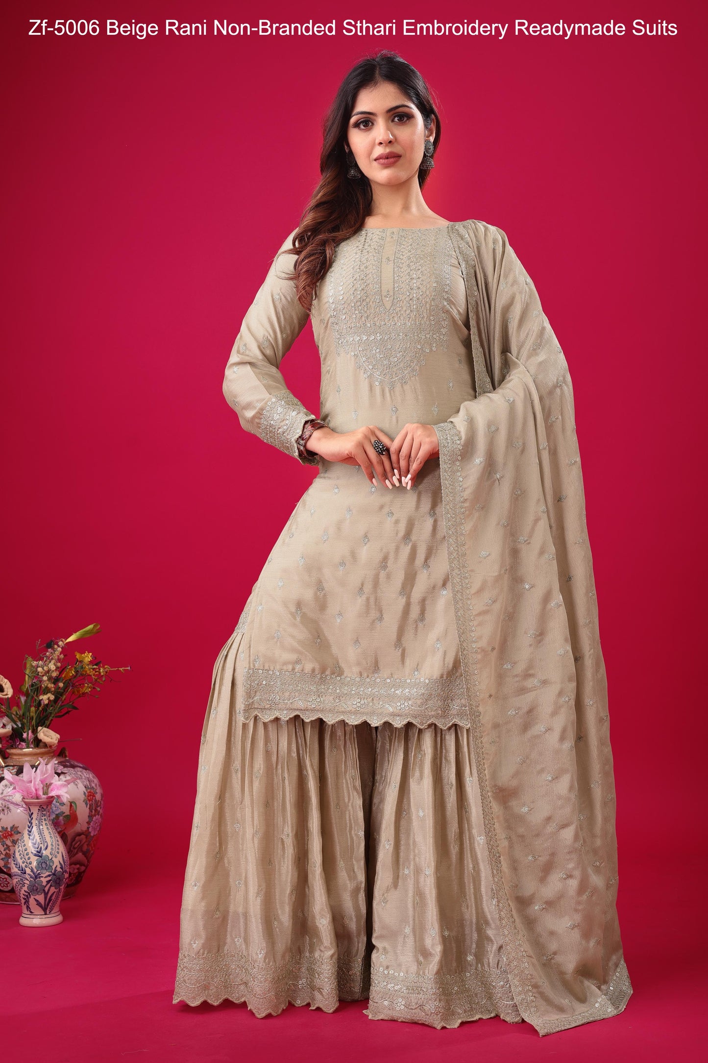 Zf-5006 Beige Rani Non-Branded Sthari Embroidery Readymade Suits