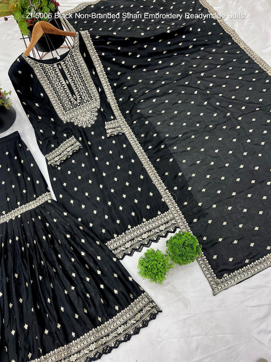 Zf-5006 Black Non-Branded Sthari Embroidery Readymade Suits
