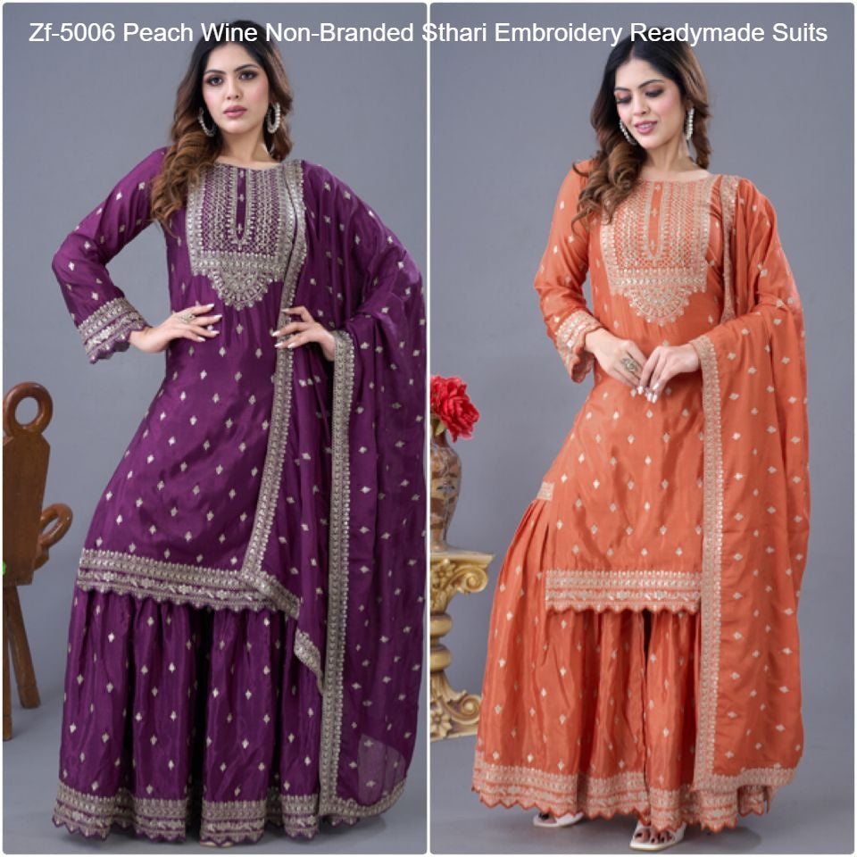 Zf-5006 Peach Wine Non-Branded Sthari Embroidery Readymade Suits