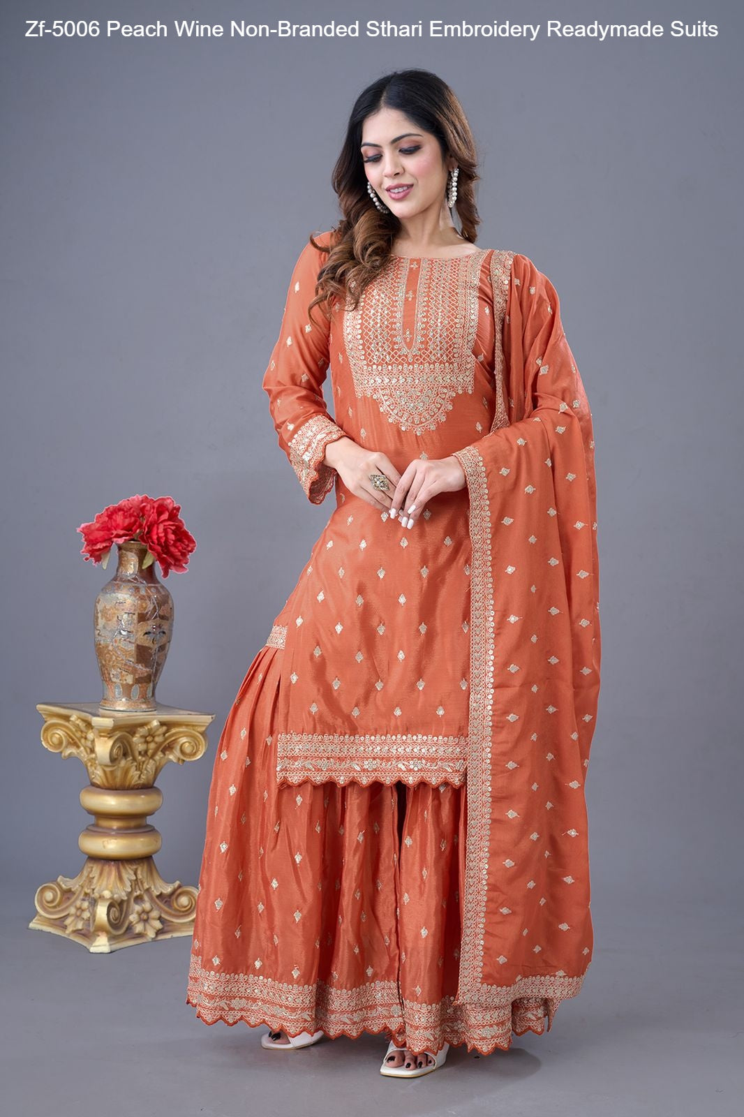Zf-5006 Peach Wine Non-Branded Sthari Embroidery Readymade Suits