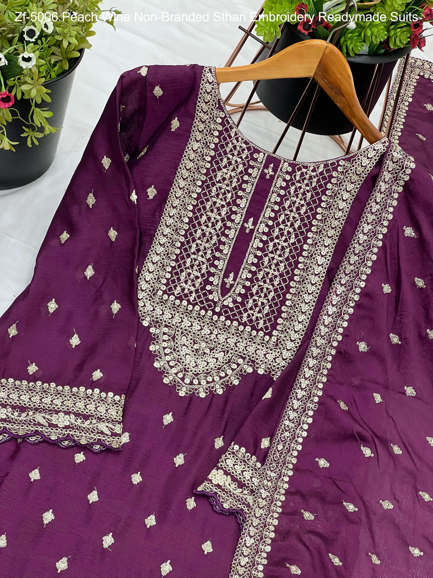 Zf-5006 Peach Wine Non-Branded Sthari Embroidery Readymade Suits