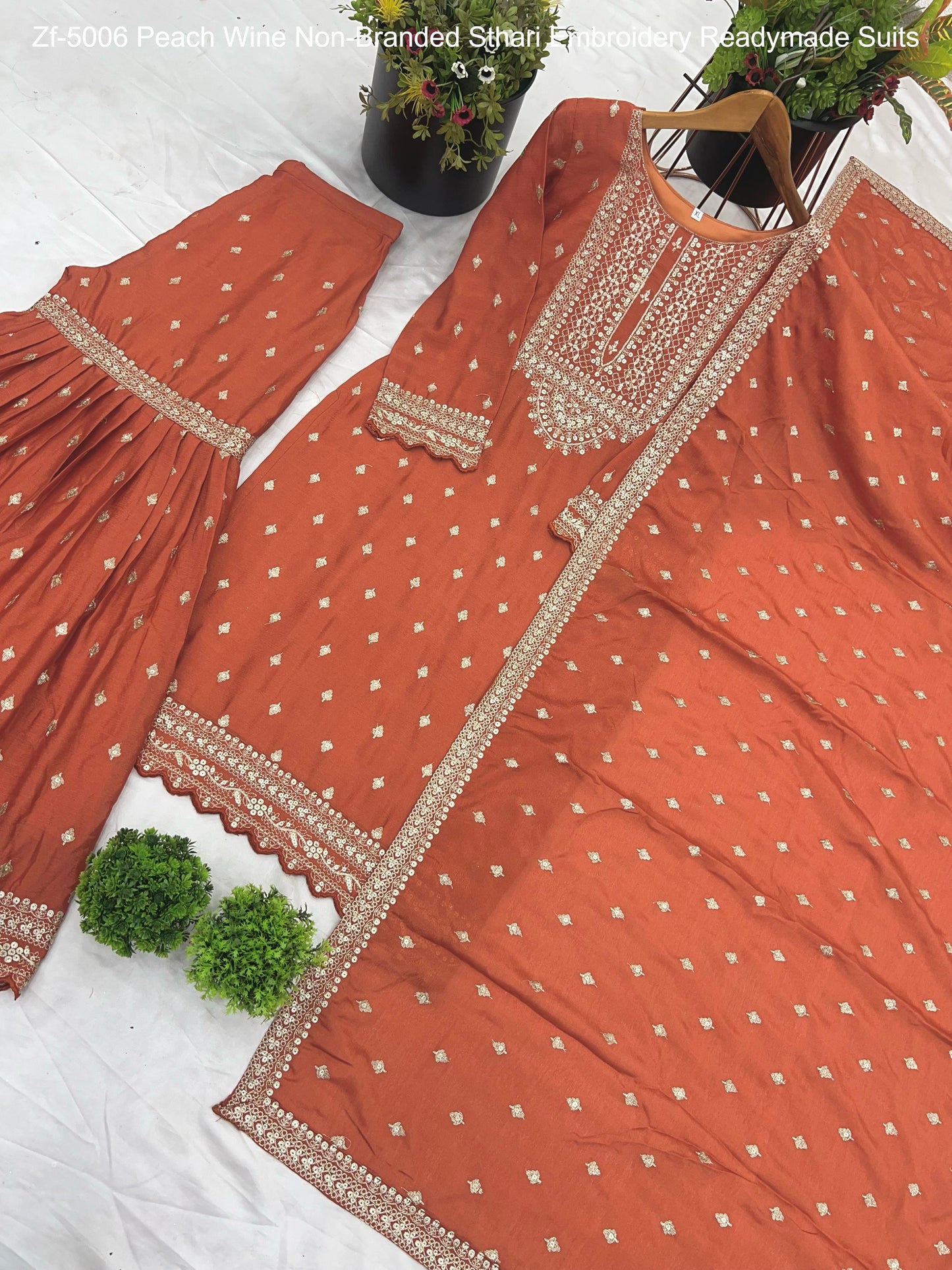 Zf-5006 Peach Wine Non-Branded Sthari Embroidery Readymade Suits