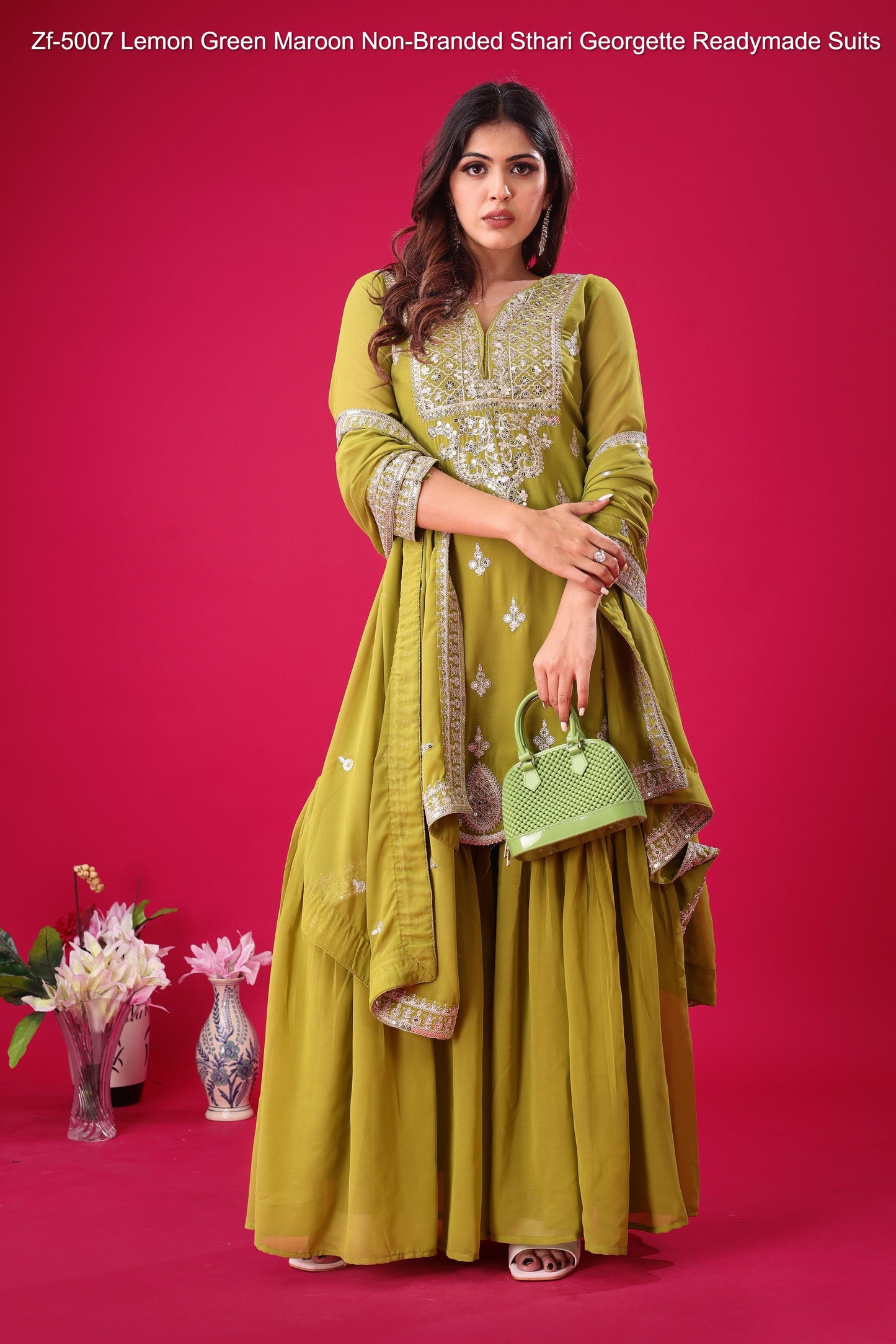 Zf-5007 Lemon Green Maroon Non-Branded Sthari Georgette Readymade Suits
