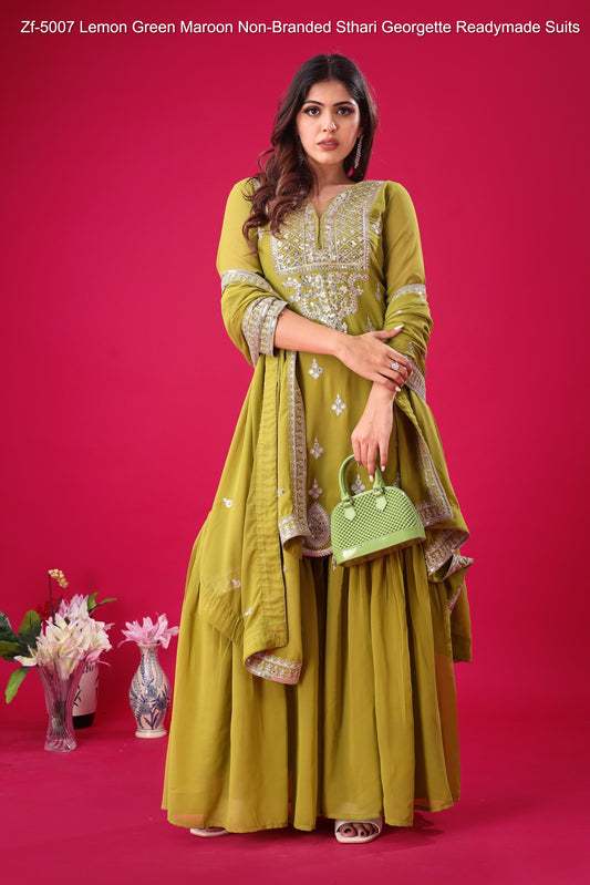 Zf-5007 Lemon Green Maroon Non-Branded Sthari Georgette Readymade Suits