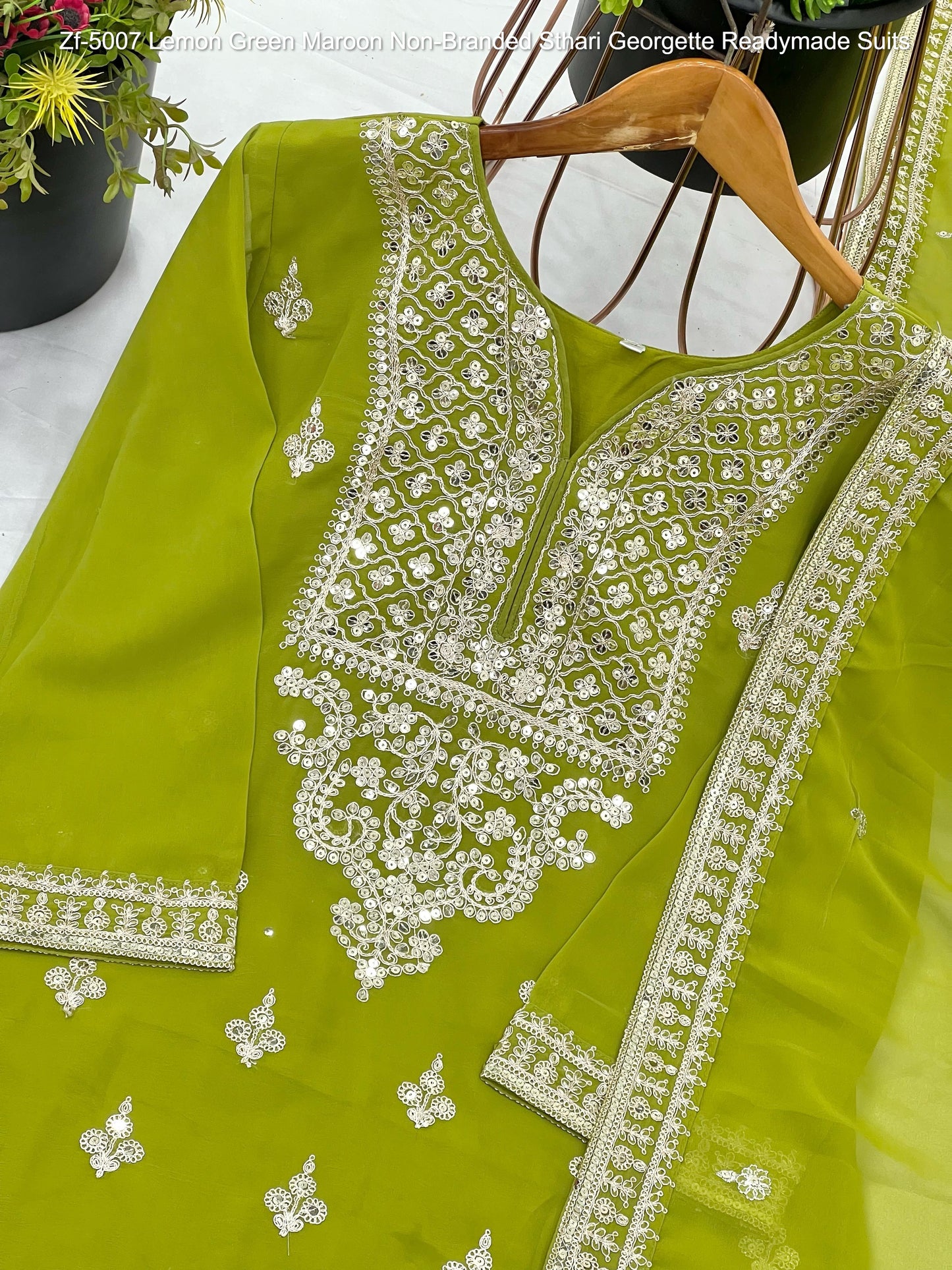 Zf-5007 Lemon Green Maroon Non-Branded Sthari Georgette Readymade Suits