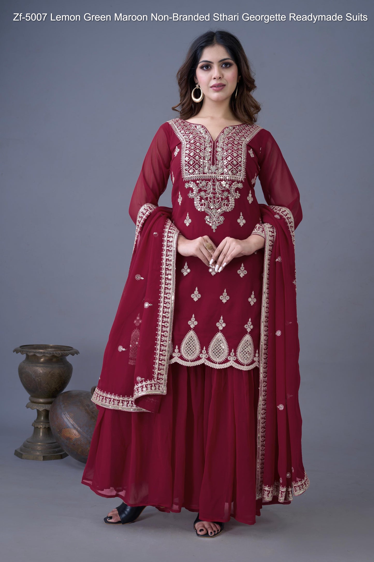 Zf-5007 Lemon Green Maroon Non-Branded Sthari Georgette Readymade Suits