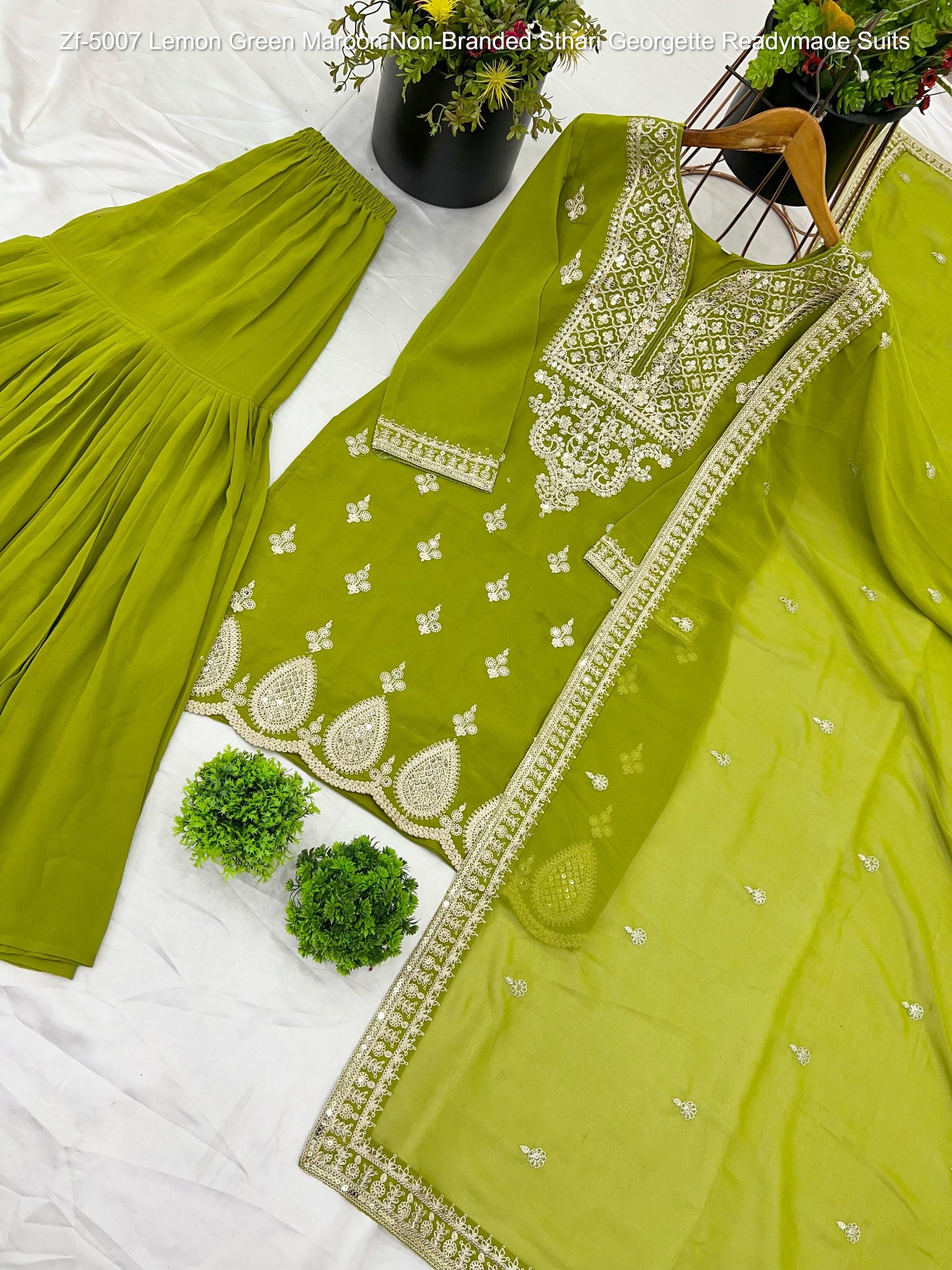 Zf-5007 Lemon Green Maroon Non-Branded Sthari Georgette Readymade Suits