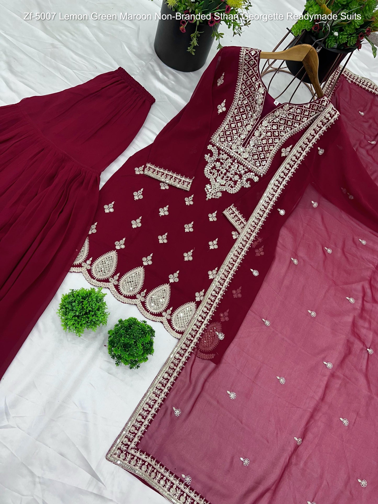 Zf-5007 Lemon Green Maroon Non-Branded Sthari Georgette Readymade Suits