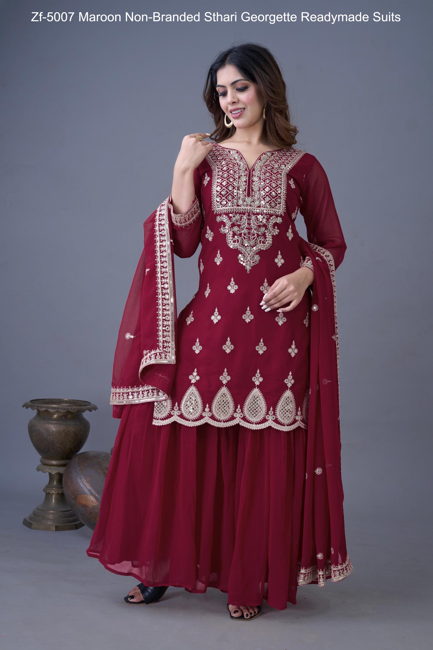 Zf-5007 Maroon Non-Branded Sthari Georgette Readymade Suits