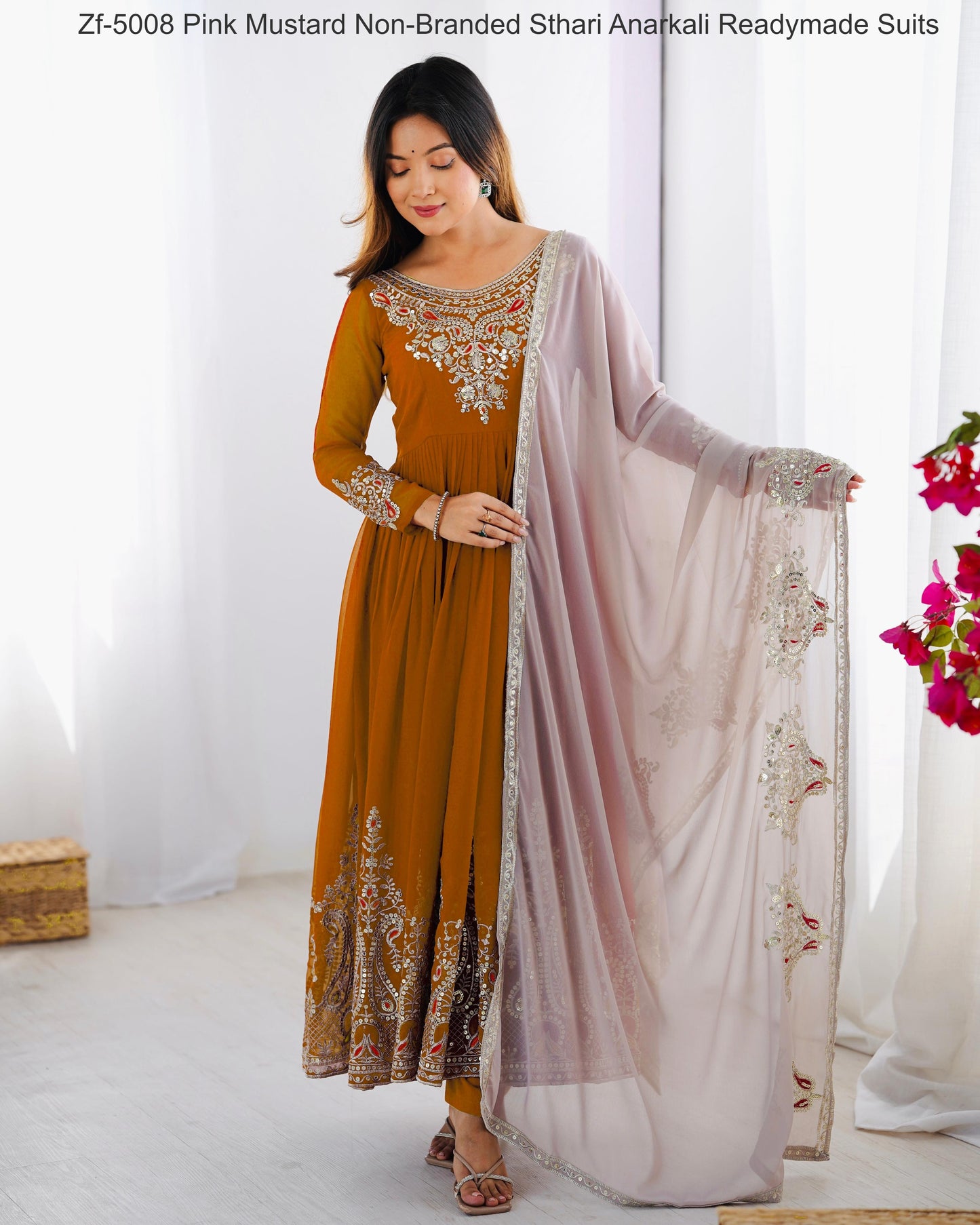 Zf-5008 Pink Mustard Non-Branded Sthari Anarkali Readymade Suits