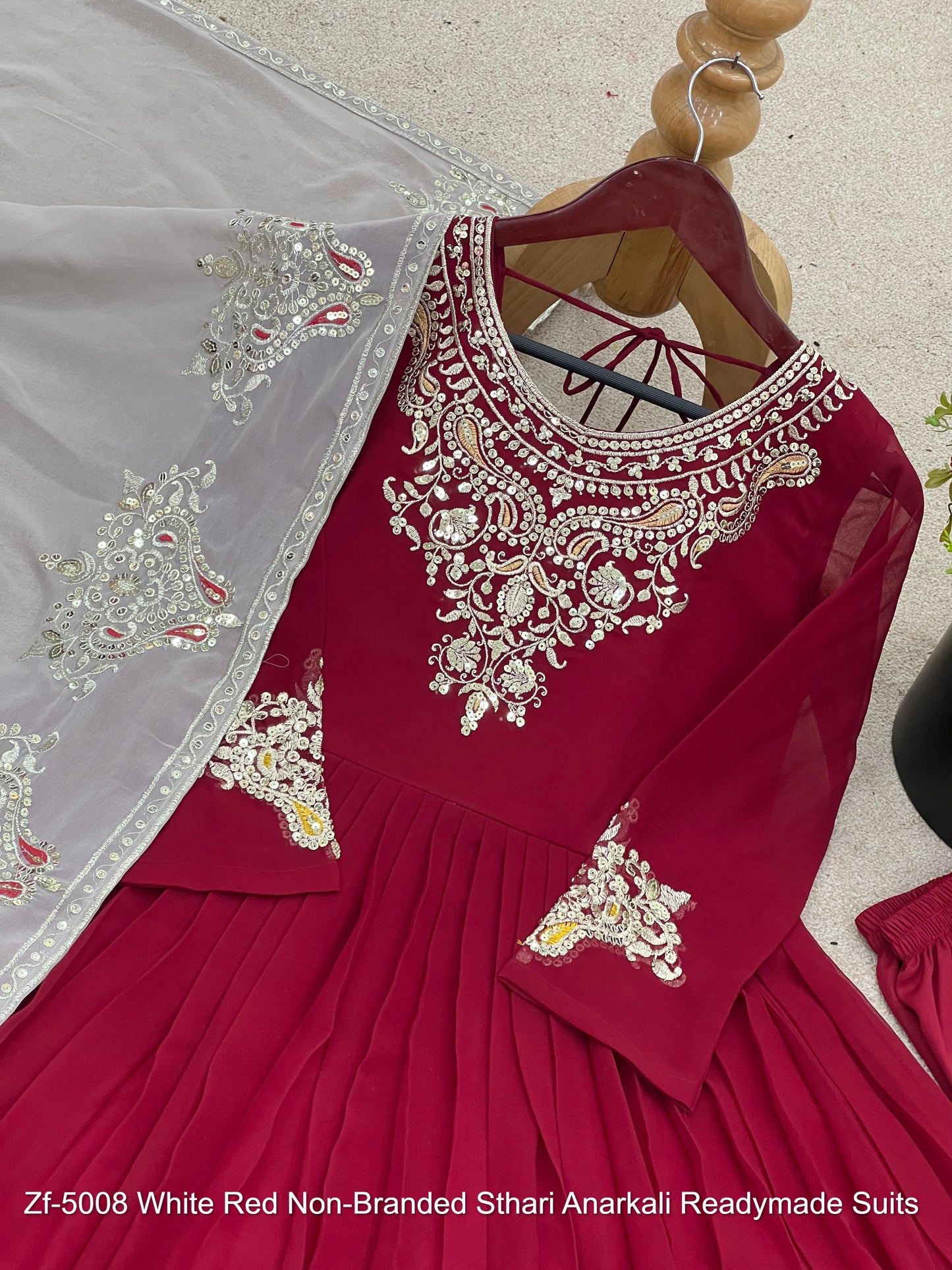 Zf-5008 White Red Non-Branded Sthari Anarkali Readymade Suits