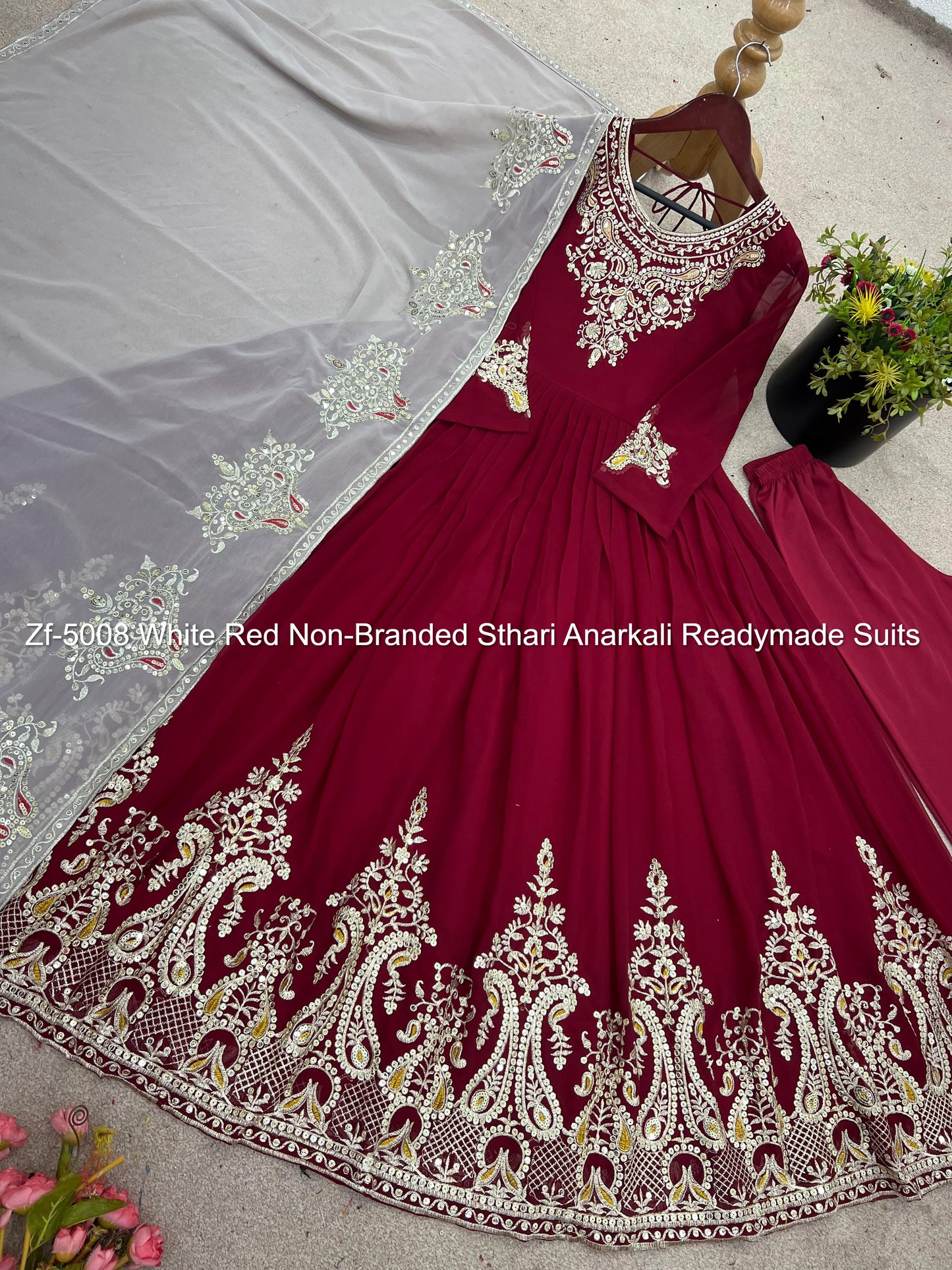 Zf-5008 White Red Non-Branded Sthari Anarkali Readymade Suits