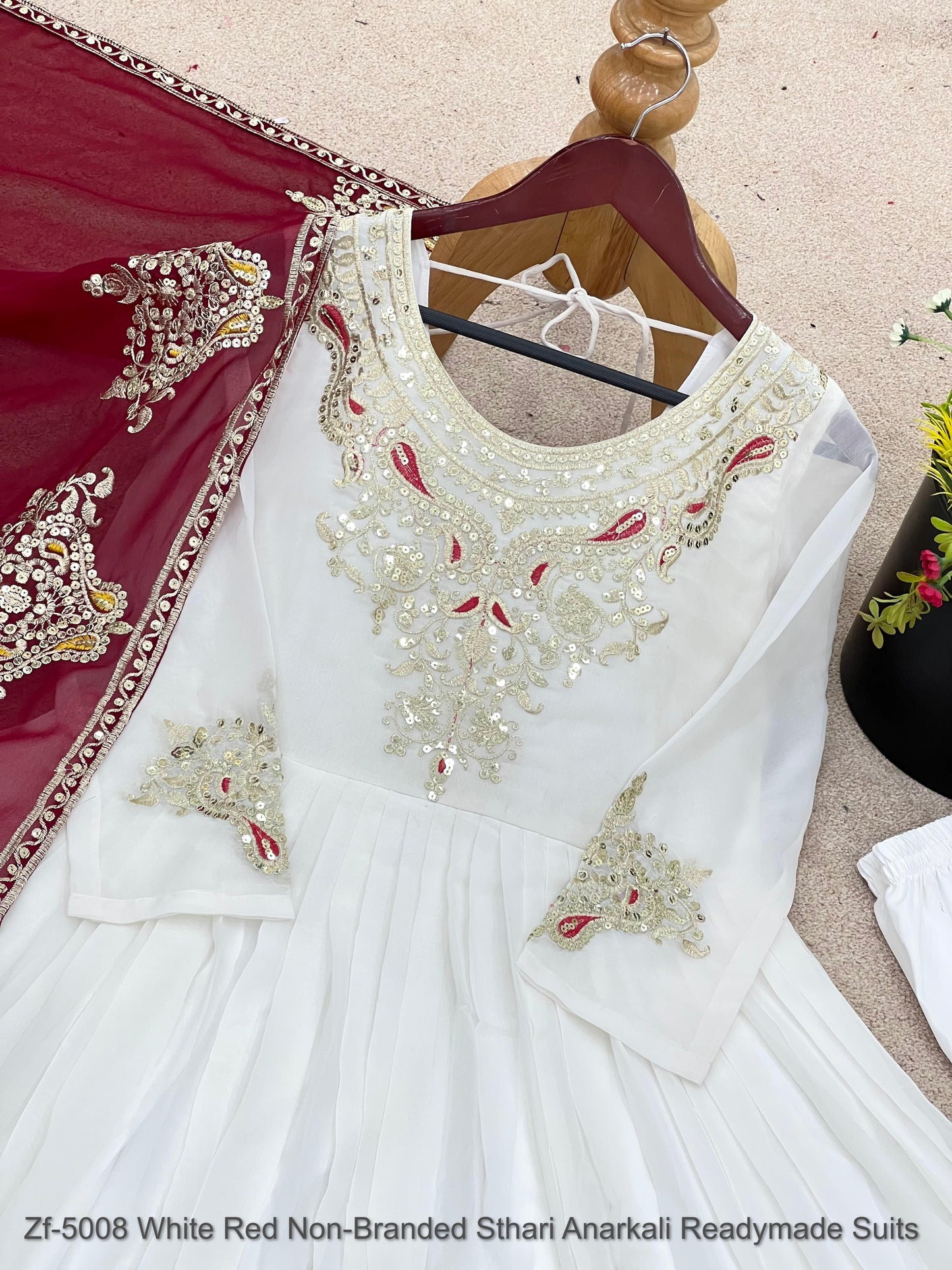 Zf-5008 White Red Non-Branded Sthari Anarkali Readymade Suits