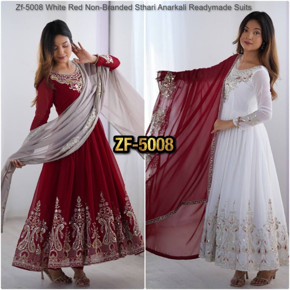 Zf-5008 White Red Non-Branded Sthari Anarkali Readymade Suits