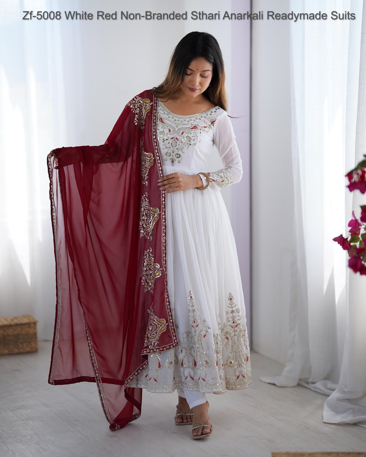 Zf-5008 White Red Non-Branded Sthari Anarkali Readymade Suits