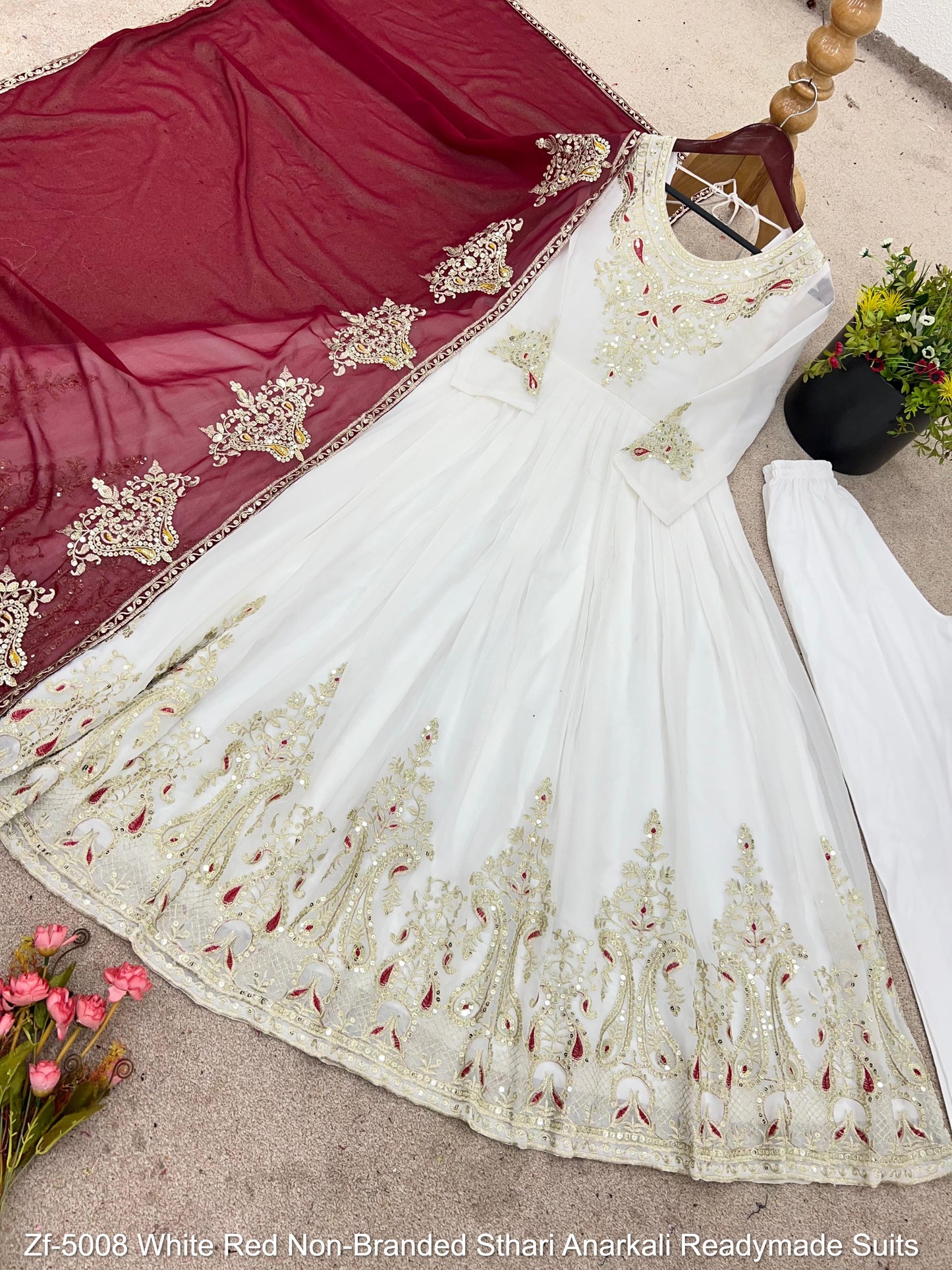 Zf-5008 White Red Non-Branded Sthari Anarkali Readymade Suits