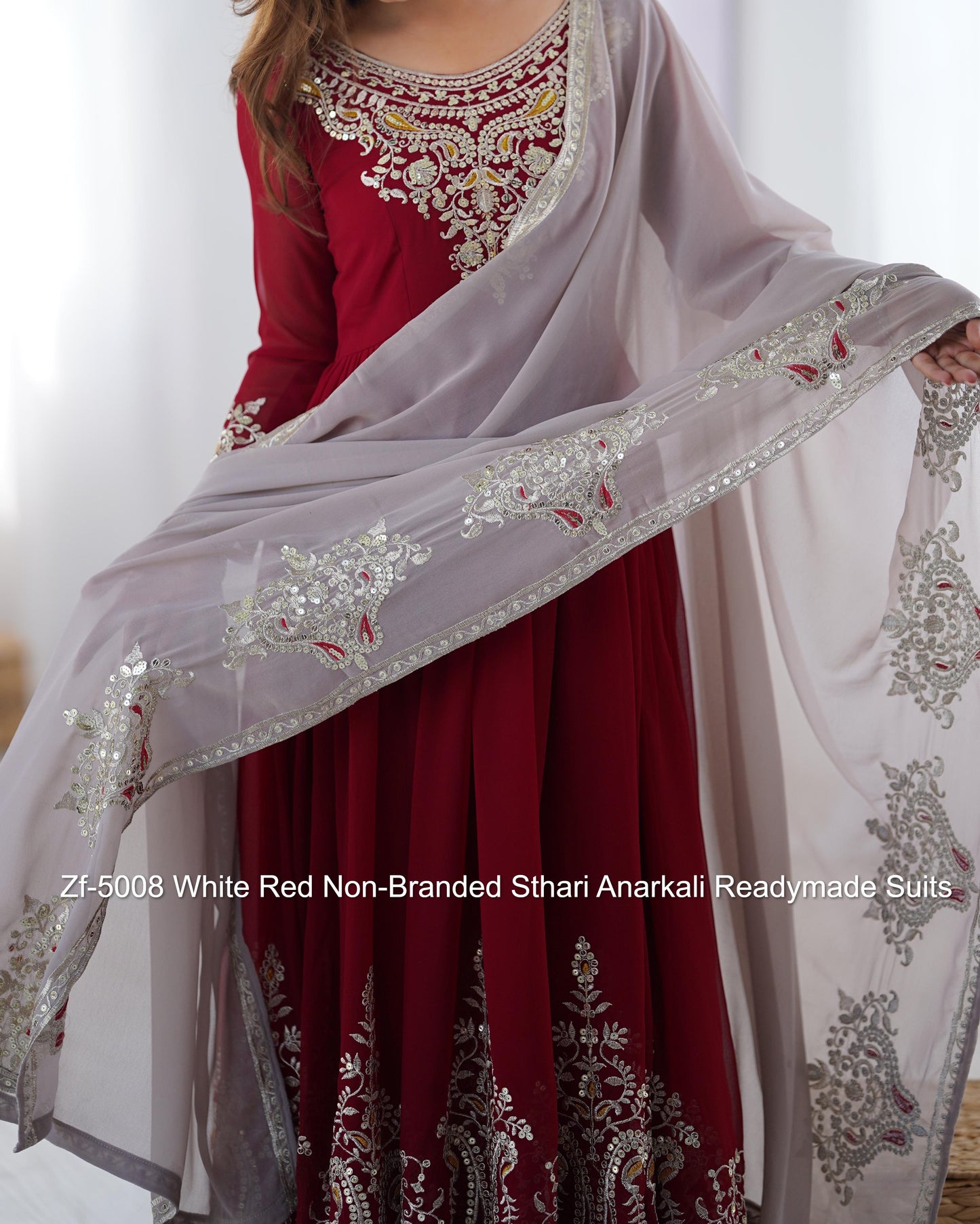 Zf-5008 White Red Non-Branded Sthari Anarkali Readymade Suits