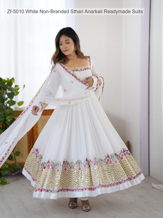 Zf-5010 White Non-Branded Sthari Anarkali Readymade Suits