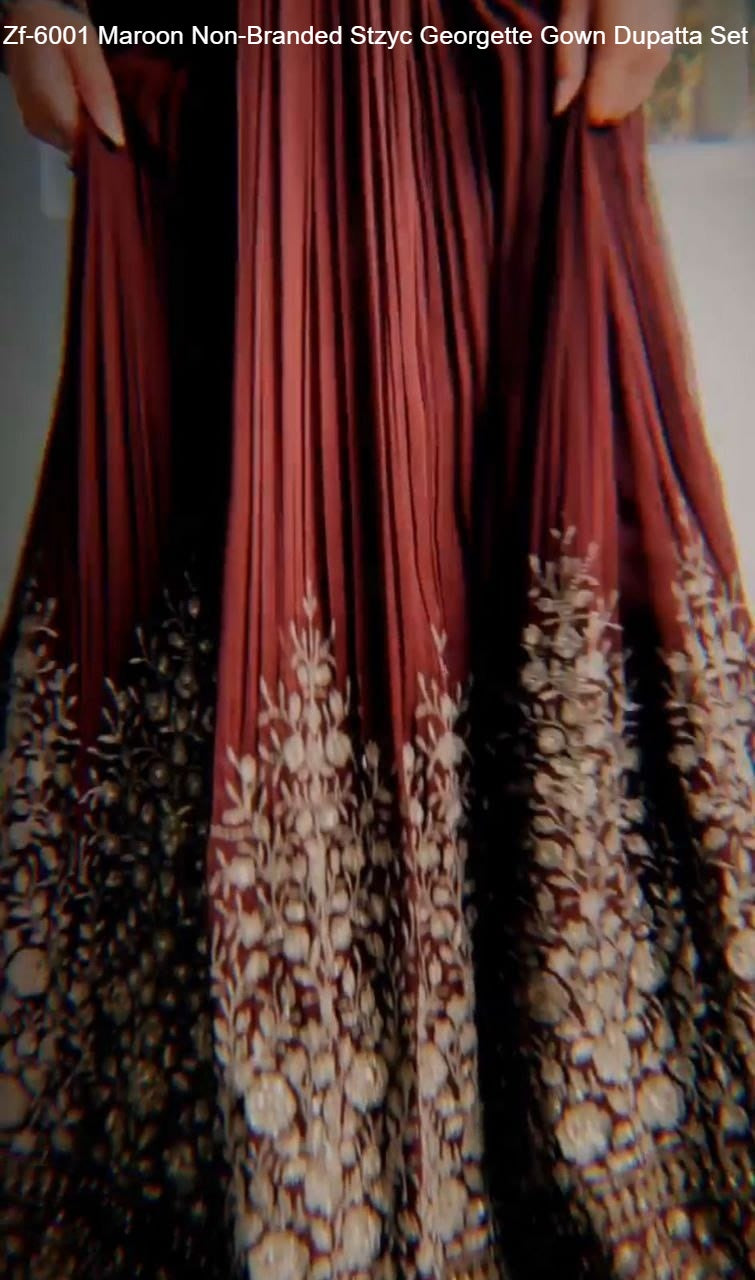Zf-6001 Maroon Non-Branded Stzyc Georgette Gown Dupatta Set