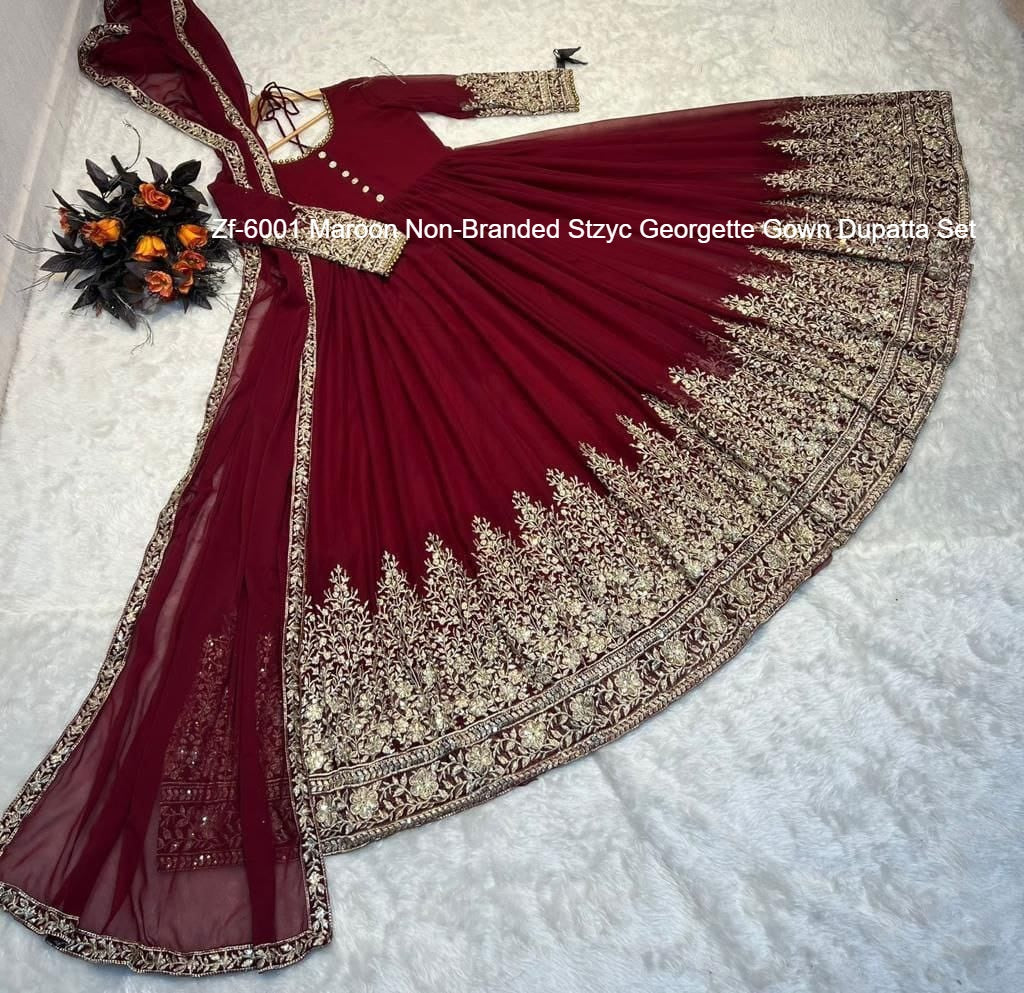 Zf-6001 Maroon Non-Branded Stzyc Georgette Gown Dupatta Set