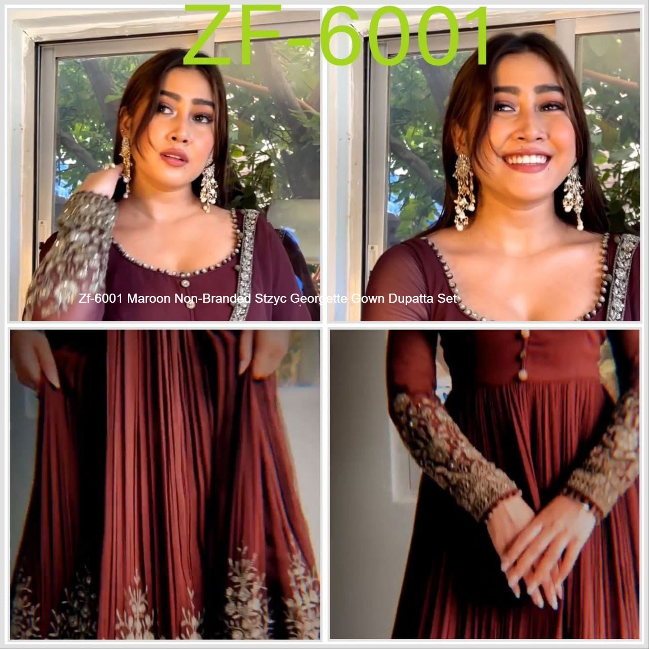 Zf-6001 Maroon Non-Branded Stzyc Georgette Gown Dupatta Set