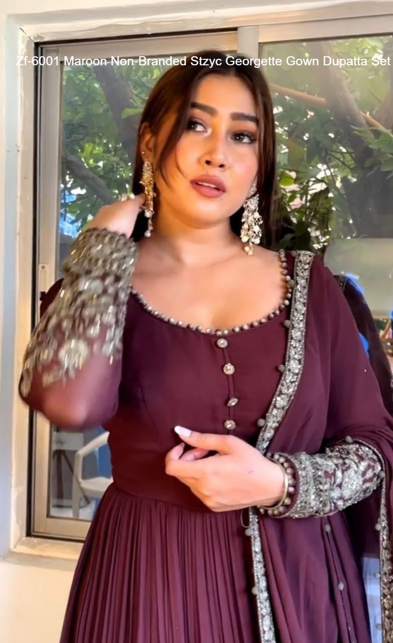 Zf-6001 Maroon Non-Branded Stzyc Georgette Gown Dupatta Set