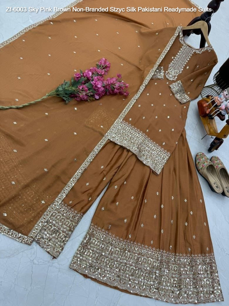Zf-6003 Sky Pink Brown Non-Branded Stzyc Silk Pakistani Readymade Suits