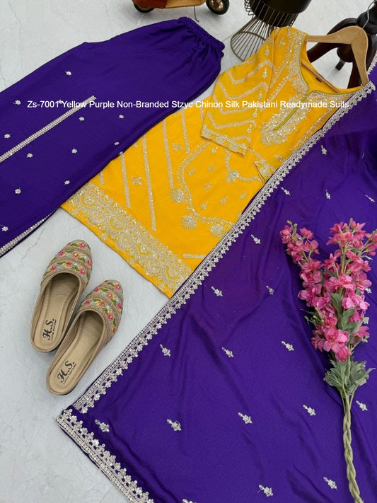 Zs-7001 Yellow Purple Non-Branded Stzyc Chinon Silk Pakistani Readymade Suits