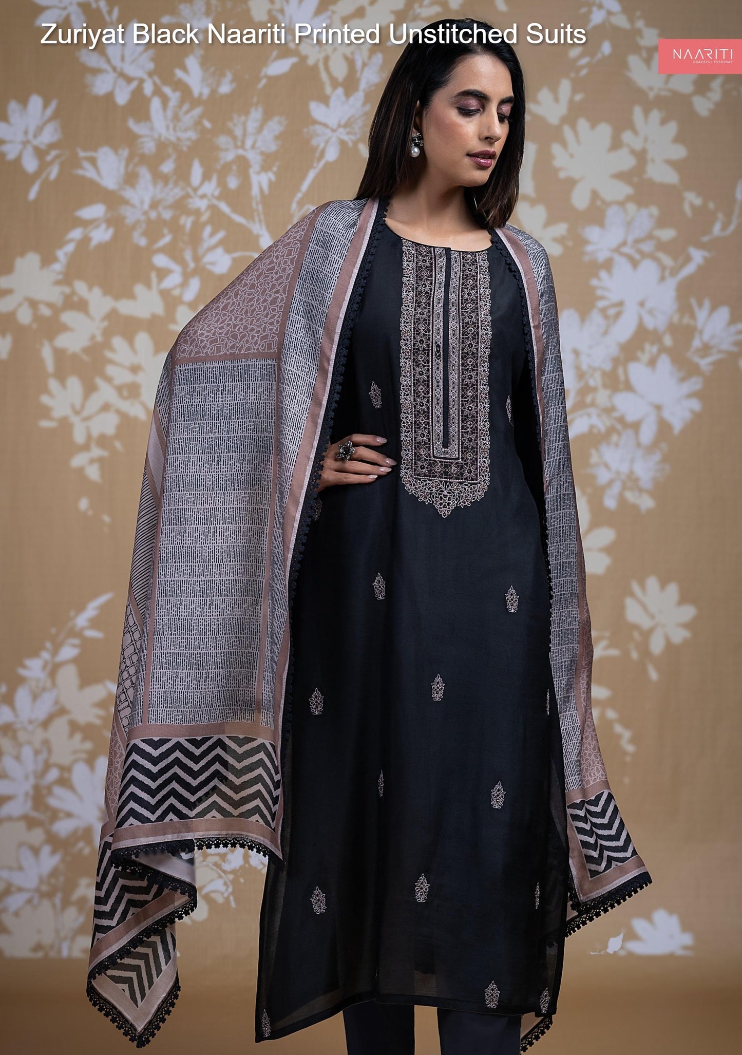 Zuriyat Black Naariti Printed Unstitched Suits