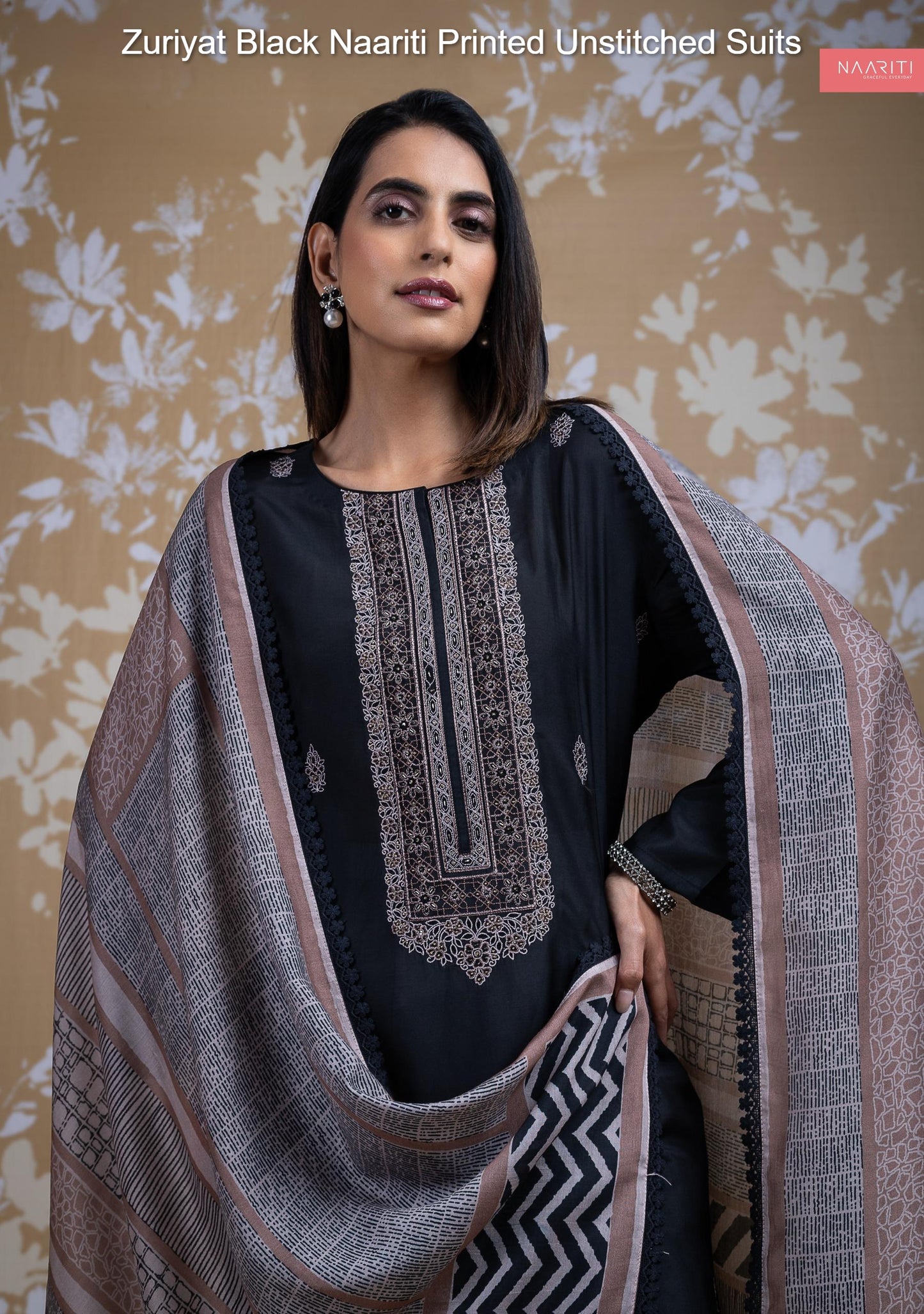 Zuriyat Black Naariti Printed Unstitched Suits